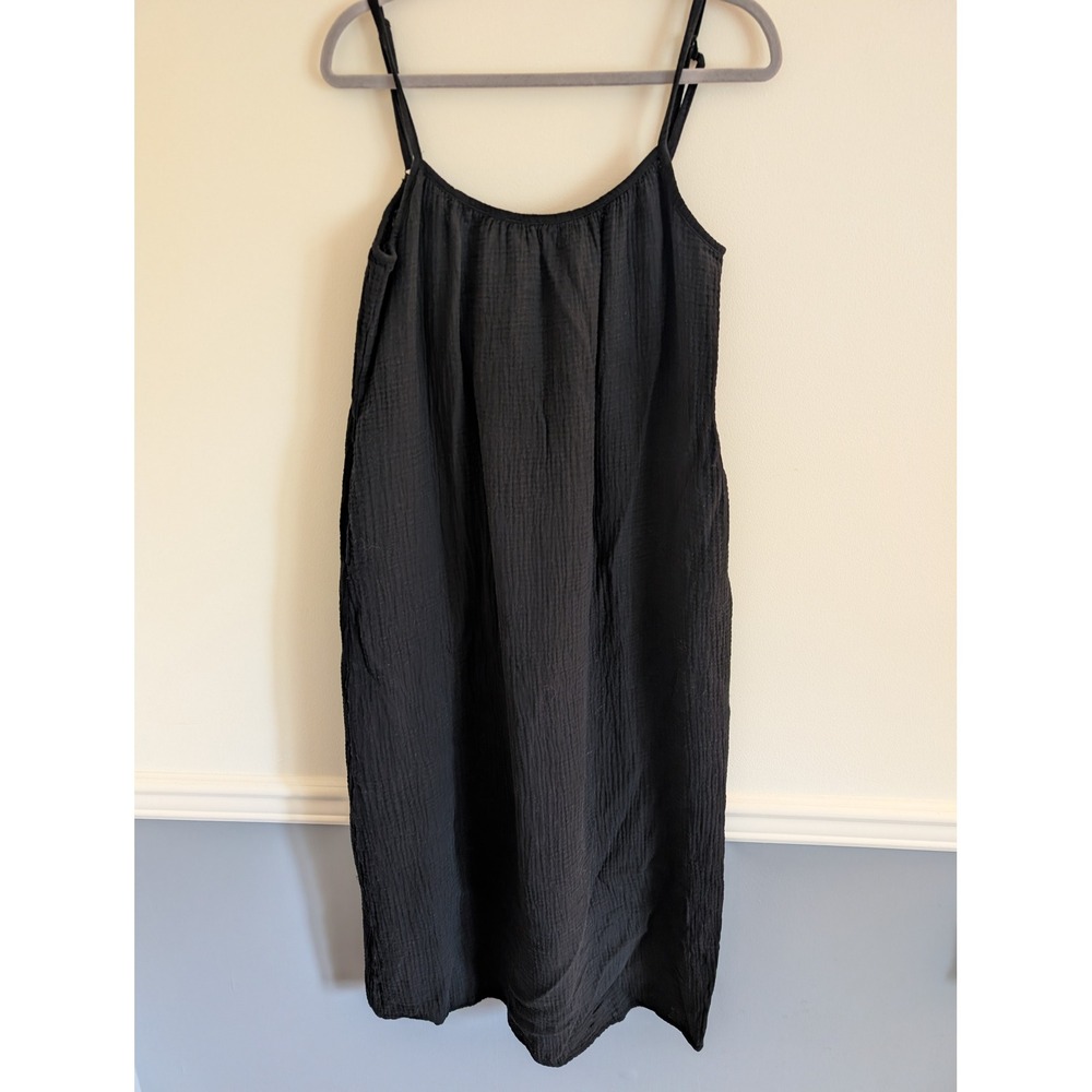 Sol Angeles Black Double Gauze Cotton Tie Back Midi Dress M/L Pockets beachy